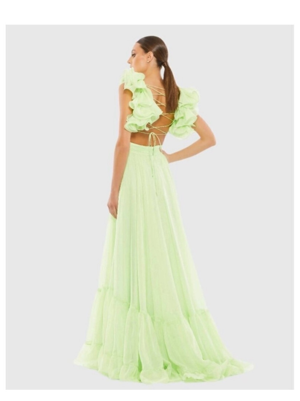 Mac Duggal Pastel Green Ruffle Sleeve Cutout Maxi Gown - Picture 3 of 8